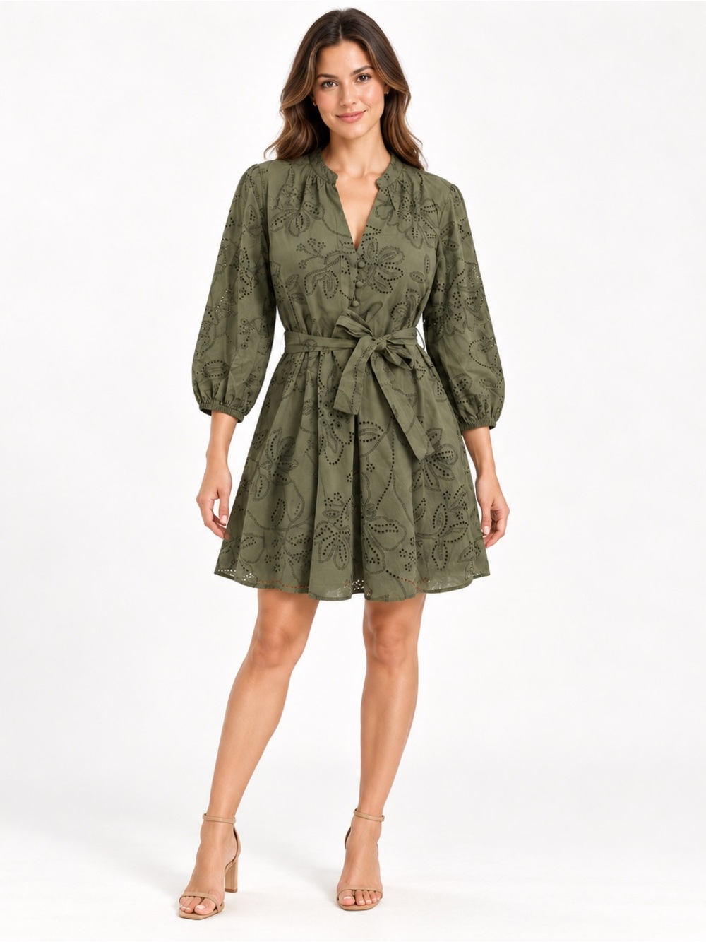 Zara Rubberized Embroidery Belted Mini Dress Khaki Green Size Large